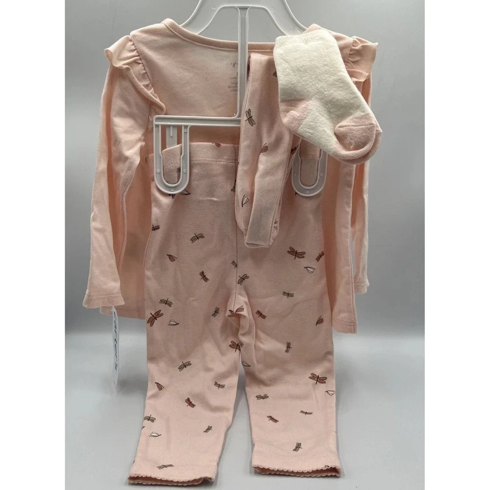 Carter's Baby Girl 4 Piece Pink Outfit Long Sleeve Top Pants Socks Hair Band 12M